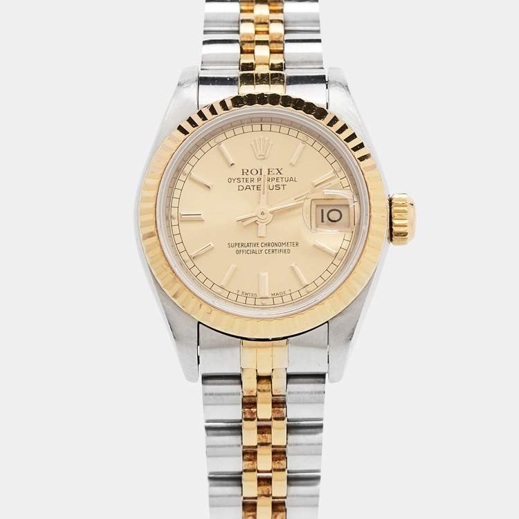 Pre Owned Rolex Champagne 18k Yellow Gold Stainless Steel Datejust 69173 Women's Wristwatch 26 mm