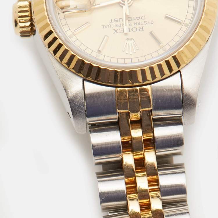 Pre Owned Rolex Champagne 18k Yellow Gold Stainless Steel Datejust 69173 Women's Wristwatch 26 mm