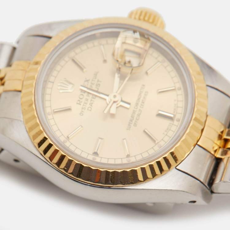 Pre Owned Rolex Champagne 18k Yellow Gold Stainless Steel Datejust 69173 Women's Wristwatch 26 mm