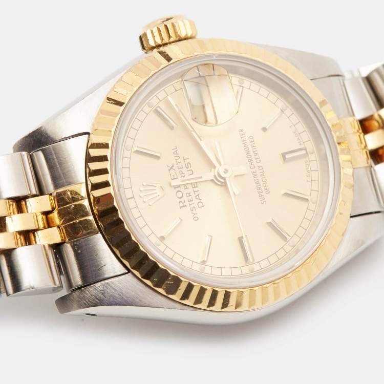 Pre Owned Rolex Champagne 18k Yellow Gold Stainless Steel Datejust 69173 Women's Wristwatch 26 mm