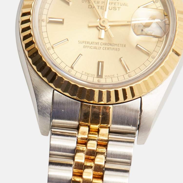 Pre Owned Rolex Champagne 18k Yellow Gold Stainless Steel Datejust 69173 Women's Wristwatch 26 mm