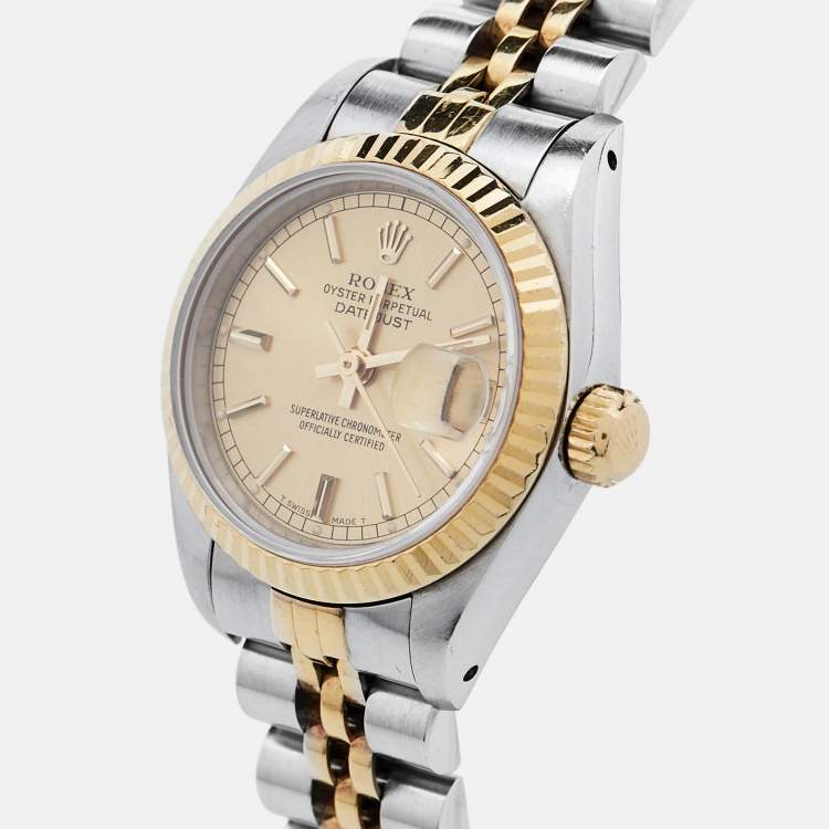 Pre Owned Rolex Champagne 18k Yellow Gold Stainless Steel Datejust 69173 Women's Wristwatch 26 mm