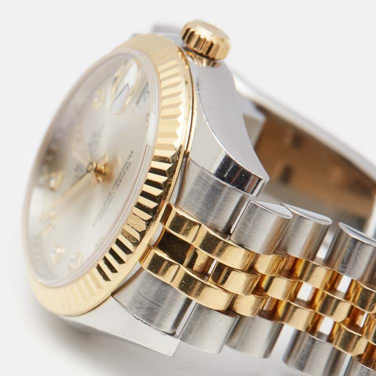 Pre Owned Rolex Silver DIamond 18K Yellow Gold Oystersteel Datejust M178273-0015 Women's Wristwatch 31 mm