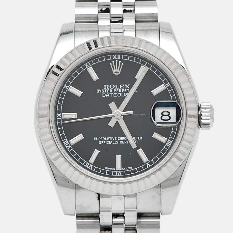 Pre Owned Rolex Black 18K White Gold Oystersteel Datejust 178274 Women's Wristwatch 31 mm