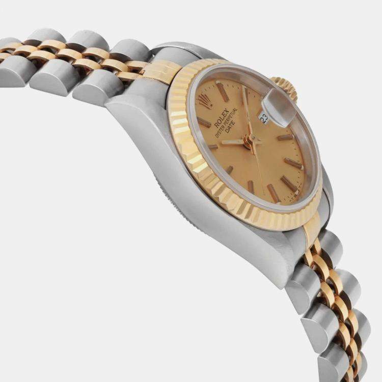 Pre Owned Rolex Champagne 18K Yellow Gold Stainless Steel Datejust 69173 Automatic Women's Wristwatch 26 mm