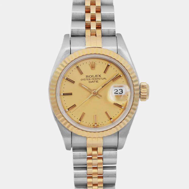 Pre Owned Rolex Champagne 18K Yellow Gold Stainless Steel Datejust 69173 Automatic Women's Wristwatch 26 mm