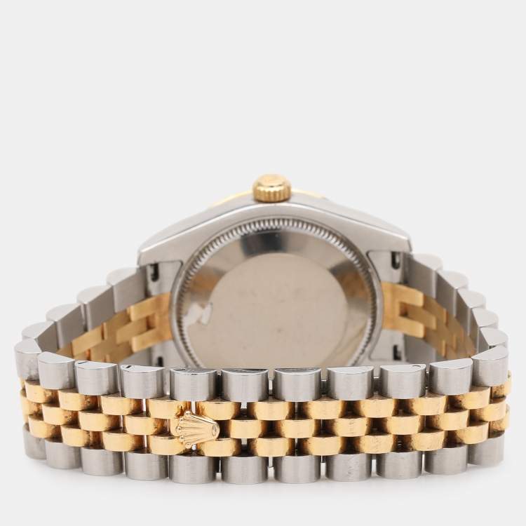 Pre Owned Rolex White 18k Yellow Gold 12 Diamond Bezel Oyster Perpetual Datejust  Women's Wristwatch 31 mm