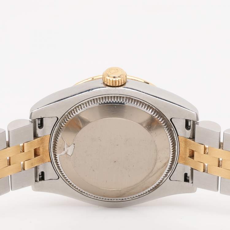 Pre Owned Rolex White 18k Yellow Gold 12 Diamond Bezel Oyster Perpetual Datejust  Women's Wristwatch 31 mm