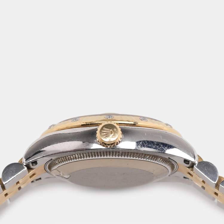 Pre Owned Rolex White 18k Yellow Gold 12 Diamond Bezel Oyster Perpetual Datejust  Women's Wristwatch 31 mm