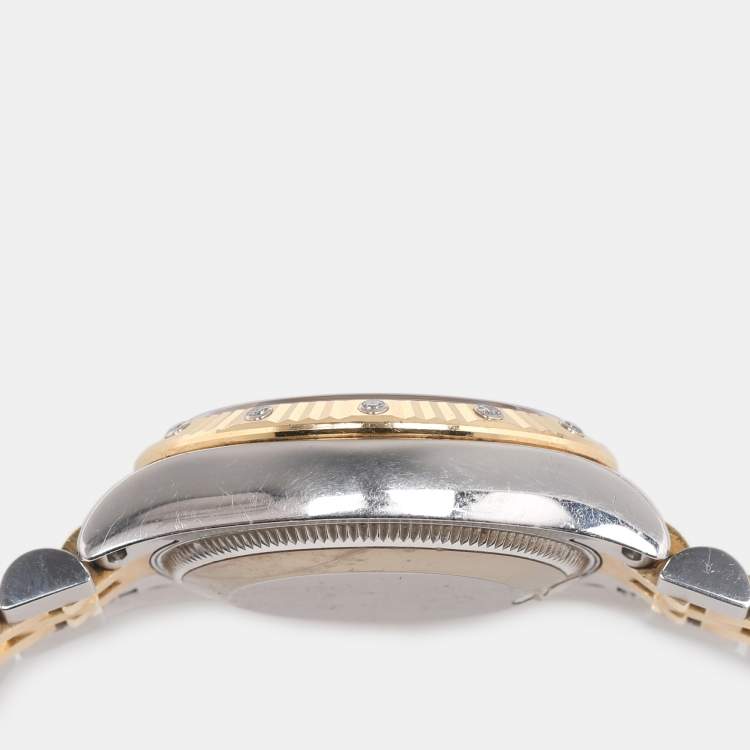 Pre Owned Rolex White 18k Yellow Gold 12 Diamond Bezel Oyster Perpetual Datejust  Women's Wristwatch 31 mm