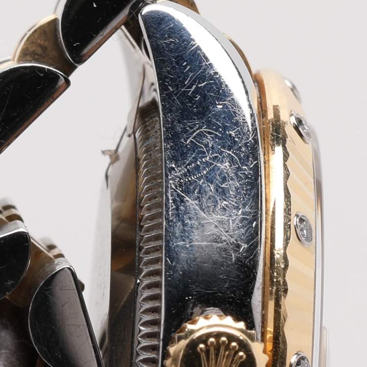 Pre Owned Rolex White 18k Yellow Gold 12 Diamond Bezel Oyster Perpetual Datejust  Women's Wristwatch 31 mm