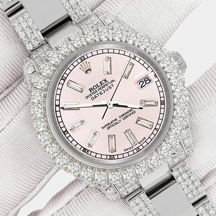 Pre Owned Rolex Custom Ice Pink 7.2ct Diamonds Stainless Steel Datejust 178240 Automatic Women's Wristwatch 31mm