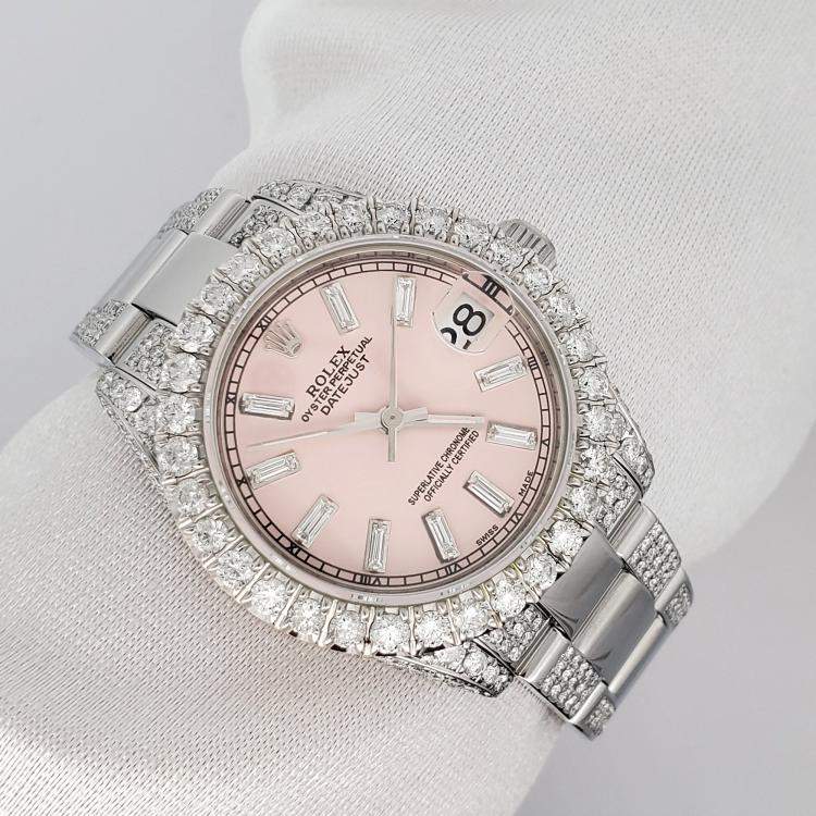 Pre Owned Rolex Custom Ice Pink 7.2ct Diamonds Stainless Steel Datejust 178240 Automatic Women's Wristwatch 31mm