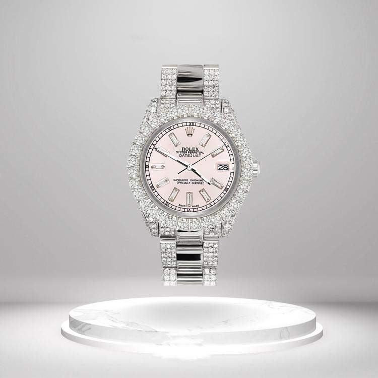 Pre Owned Rolex Custom Ice Pink 7.2ct Diamonds Stainless Steel Datejust 178240 Automatic Women's Wristwatch 31mm