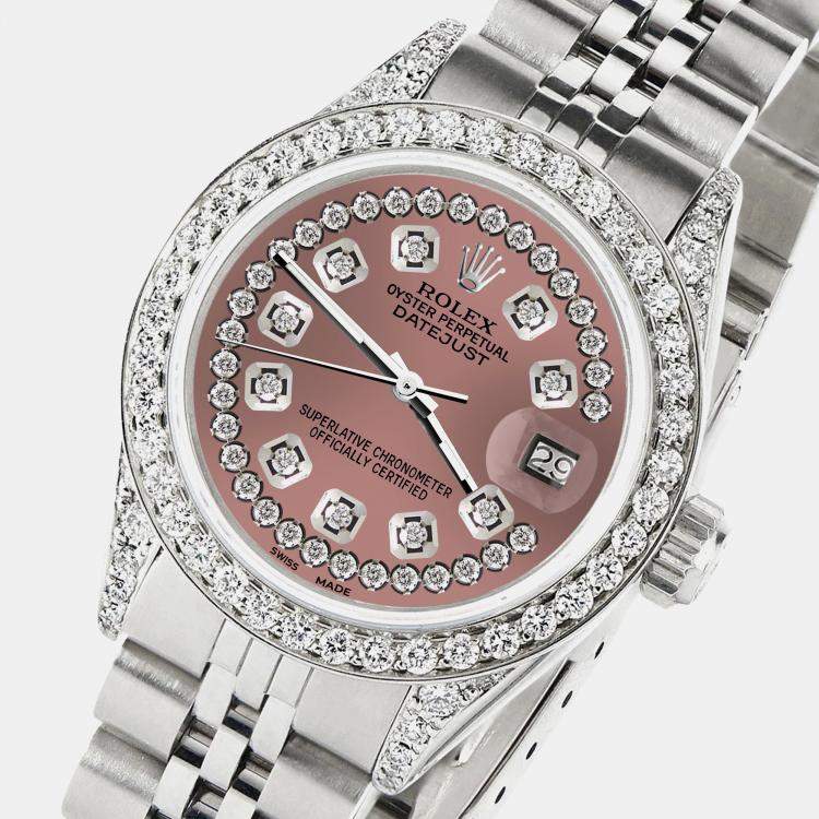 Pre Owned Rolex Custom Salmon Diamond Stainless Steel Datejust  Automatic Women's Wristwatch 26mm