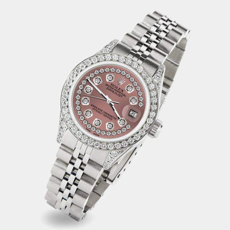Pre Owned Rolex Custom Salmon Diamond Stainless Steel Datejust  Automatic Women's Wristwatch 26mm