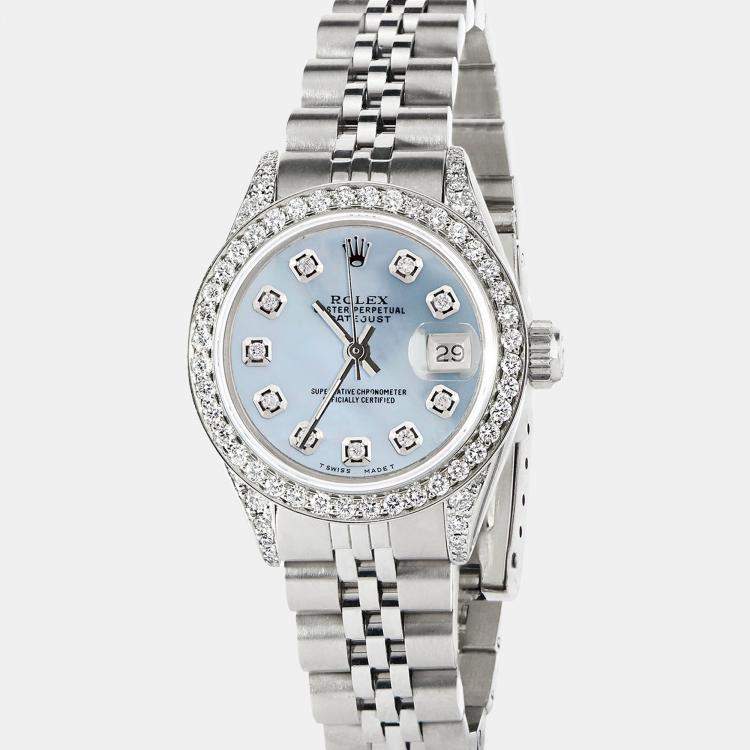 Pre Owned Rolex Customised Sky Blue MOP Diamond Stainless Steel Datejust  Automatic Women's Wristwatch 26mm