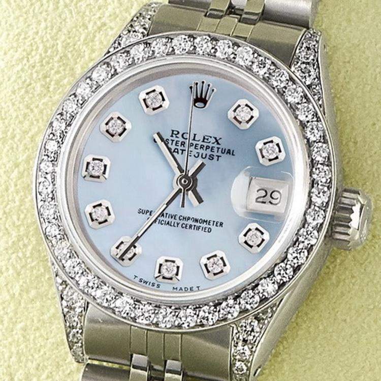 Pre Owned Rolex Customised Sky Blue MOP Diamond Stainless Steel Datejust  Automatic Women's Wristwatch 26mm