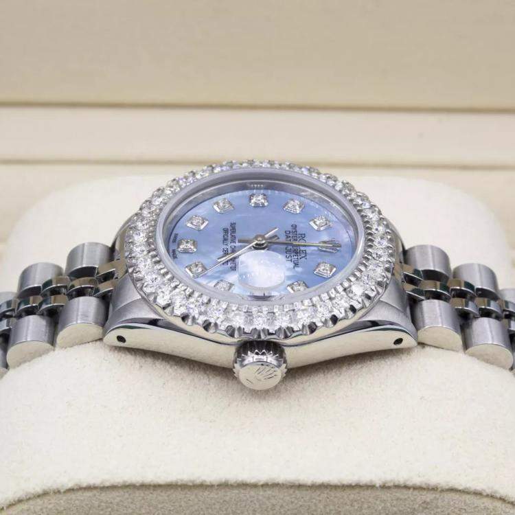 Pre Owned Rolex Customised Sky Blue MOP 2CT Diamond Stainless Steel Datejust  Automatic Women's Wristwatch 26mm
