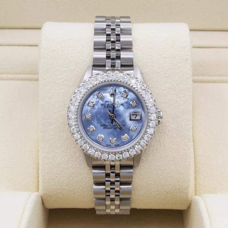 Pre Owned Rolex Customised Sky Blue MOP 2CT Diamond Stainless Steel Datejust  Automatic Women's Wristwatch 26mm