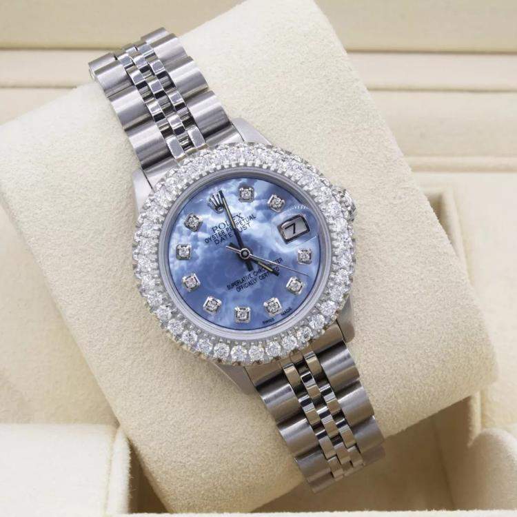 Pre Owned Rolex Customised Sky Blue MOP 2CT Diamond Stainless Steel Datejust  Automatic Women's Wristwatch 26mm