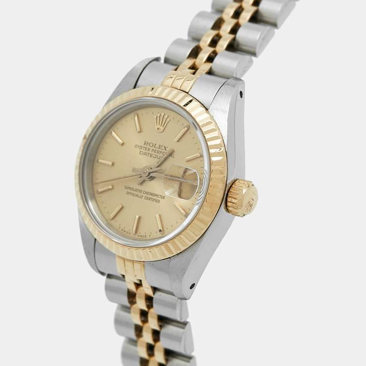 Pre Owned Rolex Champagne 18K Yellow Gold And Stainless Steel Datejust 69173 Women's Wristwatch 26 mm