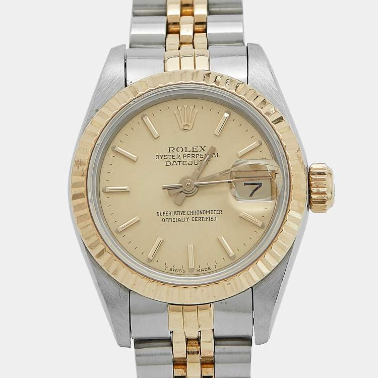 Pre Owned Rolex Champagne 18K Yellow Gold And Stainless Steel Datejust 69173 Women's Wristwatch 26 mm