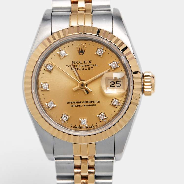 Pre Owned Rolex Champagne Diamond 18k Yellow Gold Stainless Steel Datejust 69173 Women's Wristwatch 26 mm