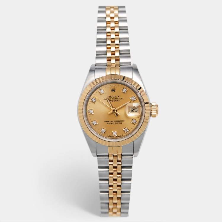Pre Owned Rolex Champagne Diamond 18k Yellow Gold Stainless Steel Datejust 69173 Women's Wristwatch 26 mm