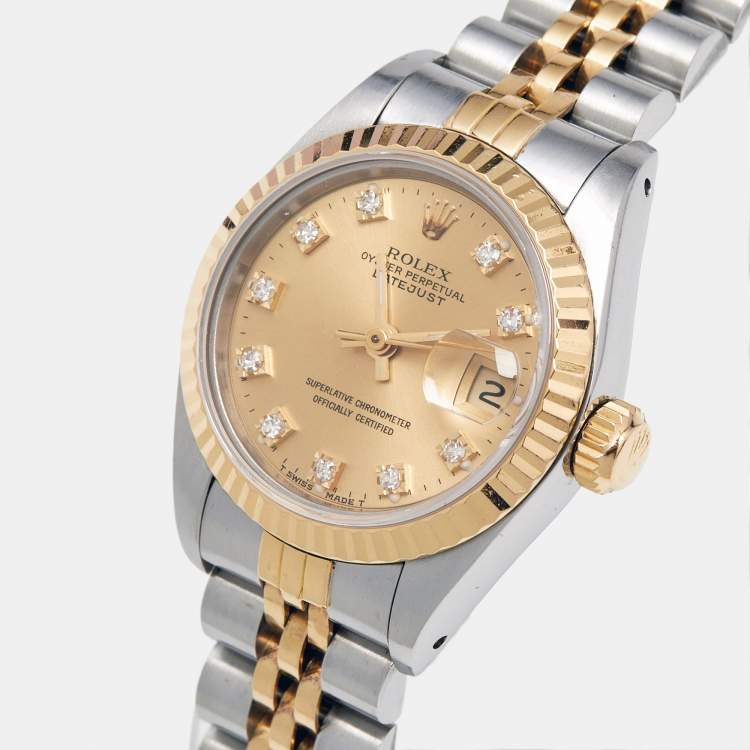 Pre Owned Rolex Champagne Diamond 18k Yellow Gold Stainless Steel Datejust 69173 Women's Wristwatch 26 mm