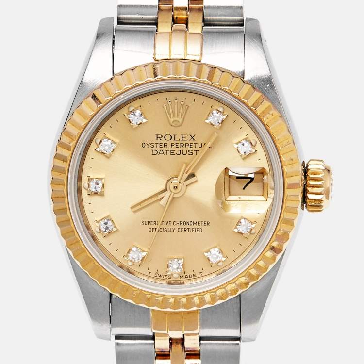 Pre Owned Rolex Champagne Jubilee Diamond 18K Yellow Gold Stainless Steel Datejust 69173 Women's Wristwatch 26 mm
