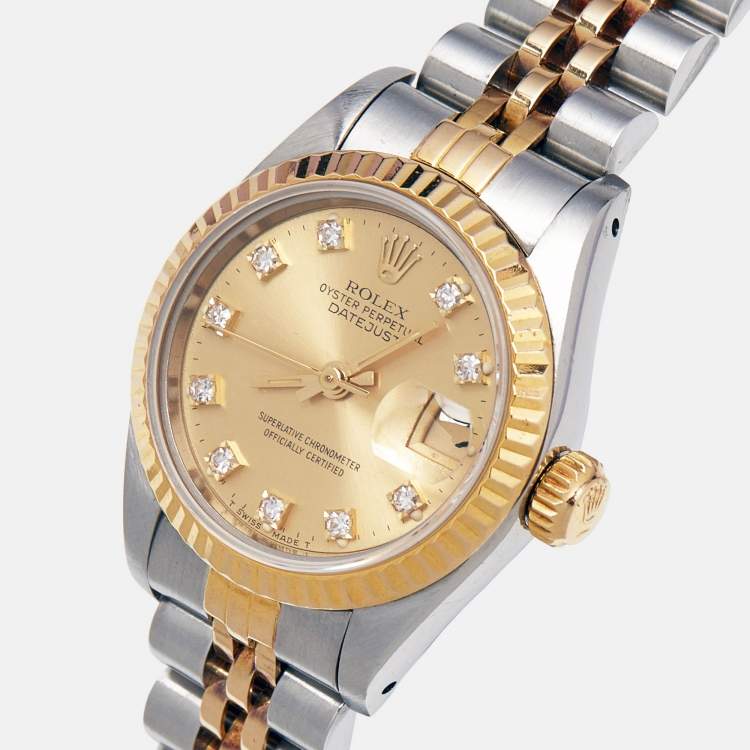 Pre Owned Rolex Champagne Jubilee Diamond 18K Yellow Gold Stainless Steel Datejust 69173 Women's Wristwatch 26 mm