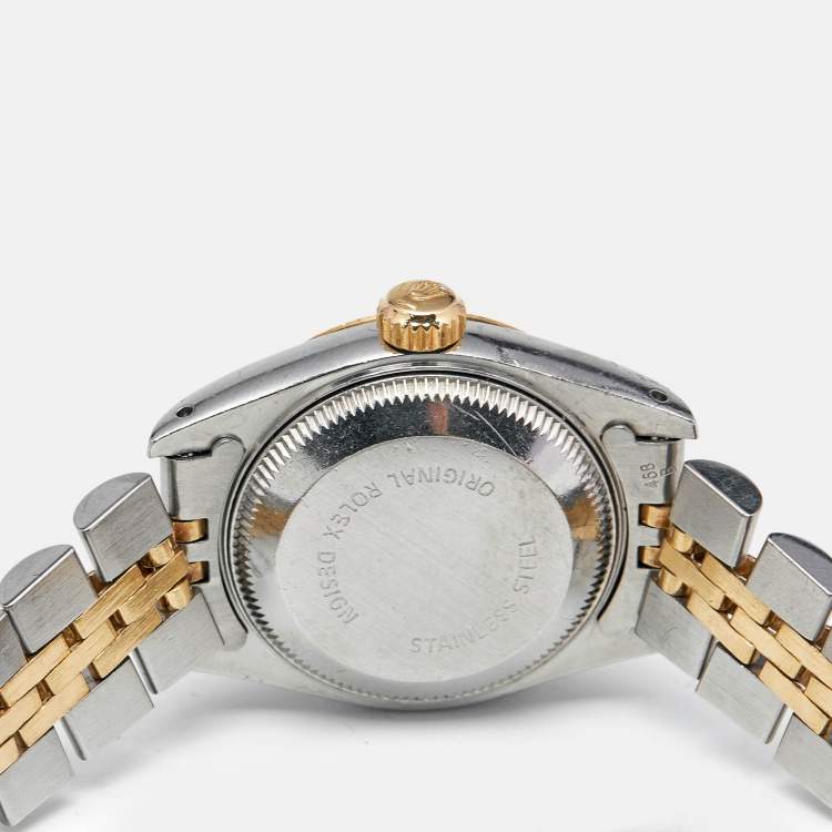 مملوكة مسبقًا Rolex Champagne Diamond 18k Yellow Gold Stainless Steel Datejust 69173 Women's Wristwatch 26 mm