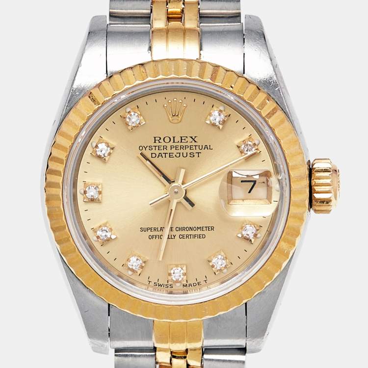 مملوكة مسبقًا Rolex Champagne Diamond 18k Yellow Gold Stainless Steel Datejust 69173 Women's Wristwatch 26 mm