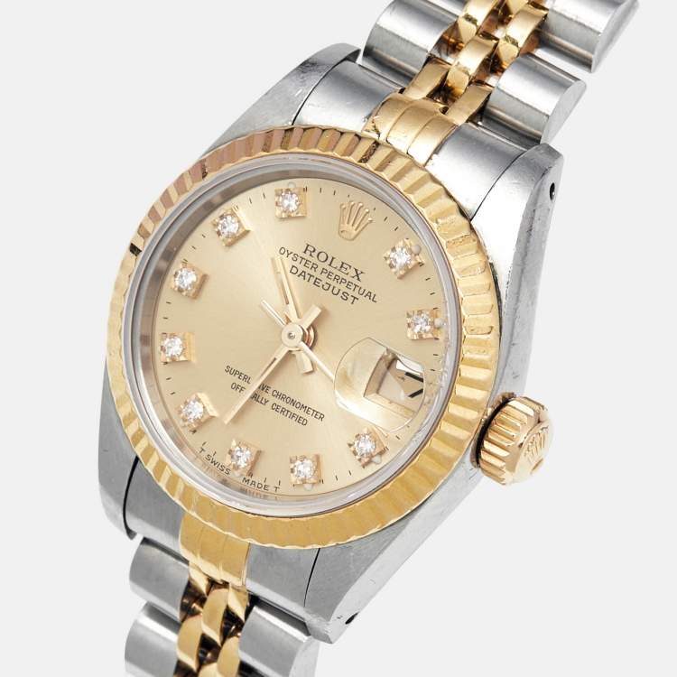 مملوكة مسبقًا Rolex Champagne Diamond 18k Yellow Gold Stainless Steel Datejust 69173 Women's Wristwatch 26 mm