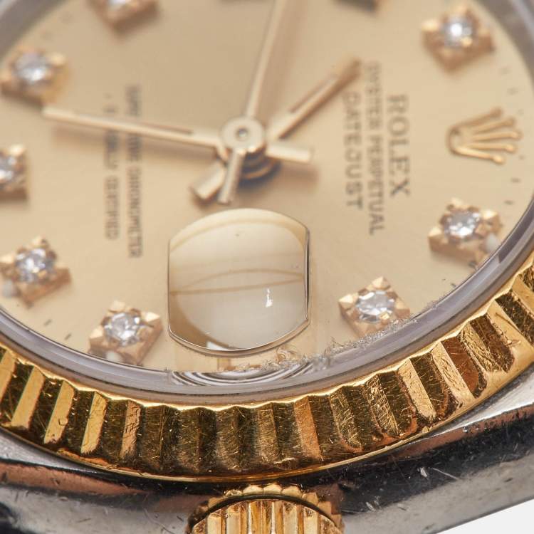 مملوكة مسبقًا Rolex Champagne Diamond 18k Yellow Gold Stainless Steel Datejust 69173 Women's Wristwatch 26 mm