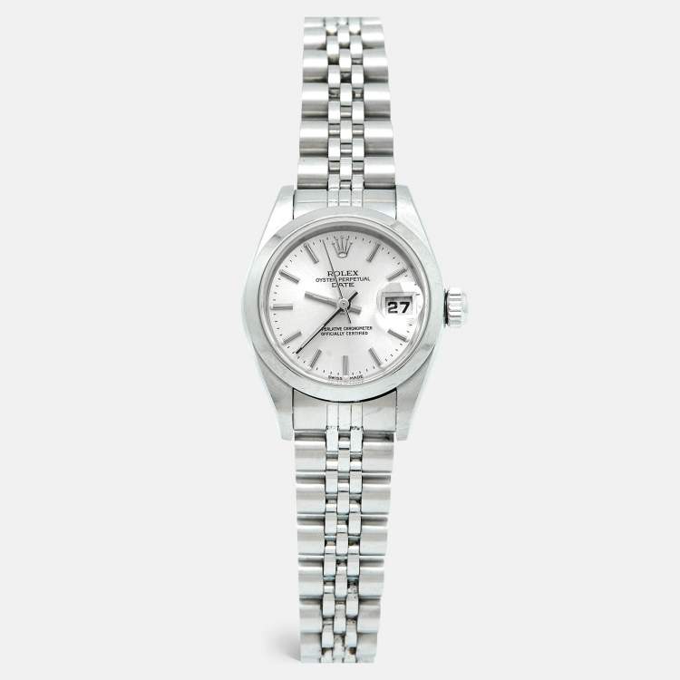 Pre Owned Rolex Silver Dial 18K White Gold Stainless Steel Oyster Perpetual Date 79160 Women's Wristwatch 26 mm