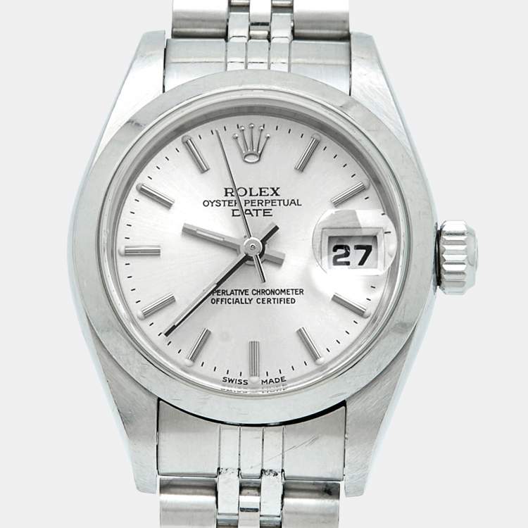 Pre Owned Rolex Silver Dial 18K White Gold Stainless Steel Oyster Perpetual Date 79160 Women's Wristwatch 26 mm