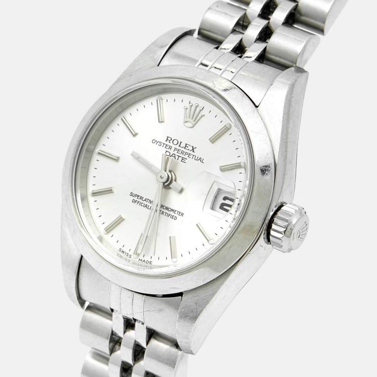 Pre Owned Rolex Silver Dial 18K White Gold Stainless Steel Oyster Perpetual Date 79160 Women's Wristwatch 26 mm