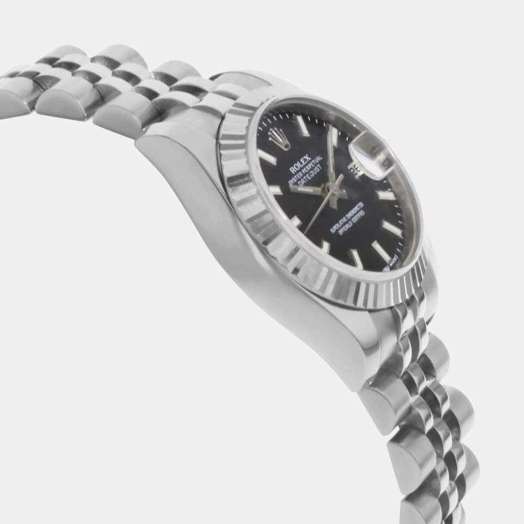 Pre Owned Rolex Black 18k White Gold Stainless Steel Datejust 179174 Automatic Women's Wristwatch 26 mm
