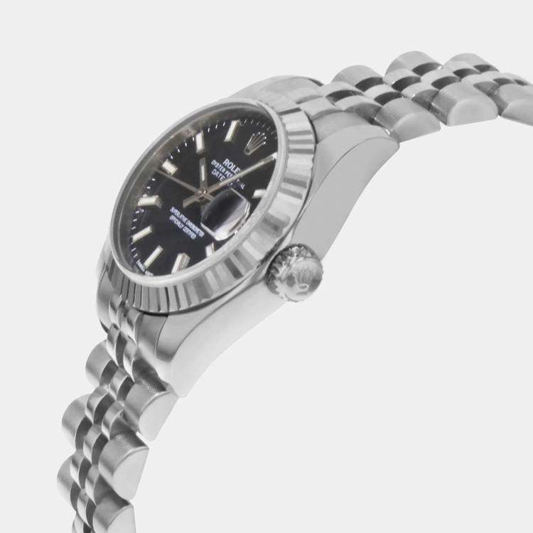 Pre Owned Rolex Black 18k White Gold Stainless Steel Datejust 179174 Automatic Women's Wristwatch 26 mm