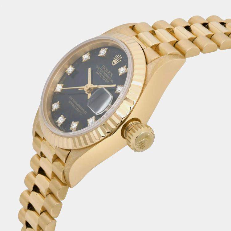 Pre Owned Rolex Black 18k Yellow Gold Diamond Datejust 69178 Automatic Women's Wristwatch 26 mm