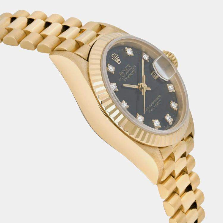 Pre Owned Rolex Black 18k Yellow Gold Diamond Datejust 69178 Automatic Women's Wristwatch 26 mm