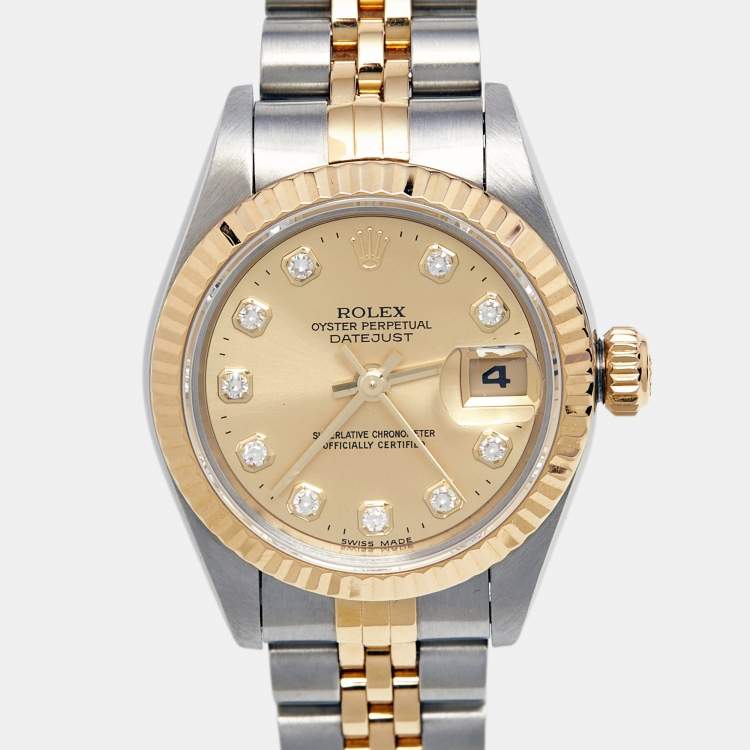 Pre Owned Rolex Champagne Diamond 18k Yellow Gold Stainless Steel Datejust 69173 Women's Wristwatch 26 mm