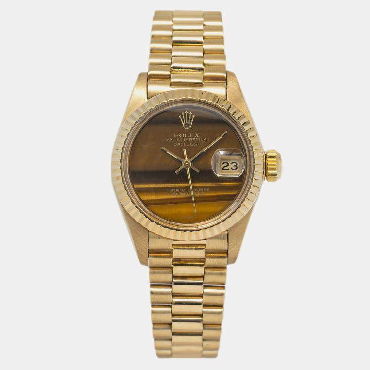 Pre Owned Rolex Brown Tiger Eye Yellow Gold Datejust 69178 Automatic Women's Wristwatch 26mm