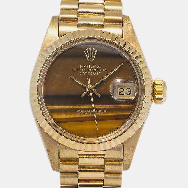 Pre Owned Rolex Brown Tiger Eye Yellow Gold Datejust 69178 Automatic Women's Wristwatch 26mm