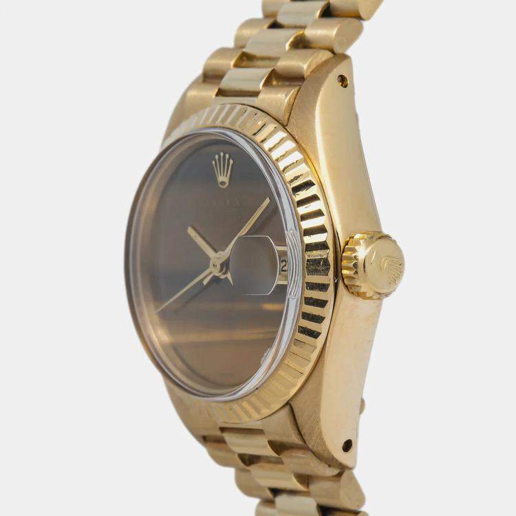 Pre Owned Rolex Brown Tiger Eye Yellow Gold Datejust 69178 Automatic Women's Wristwatch 26mm