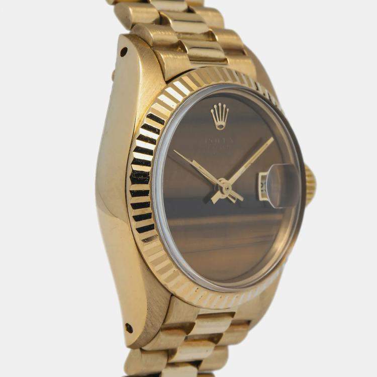 Pre Owned Rolex Brown Tiger Eye Yellow Gold Datejust 69178 Automatic Women's Wristwatch 26mm