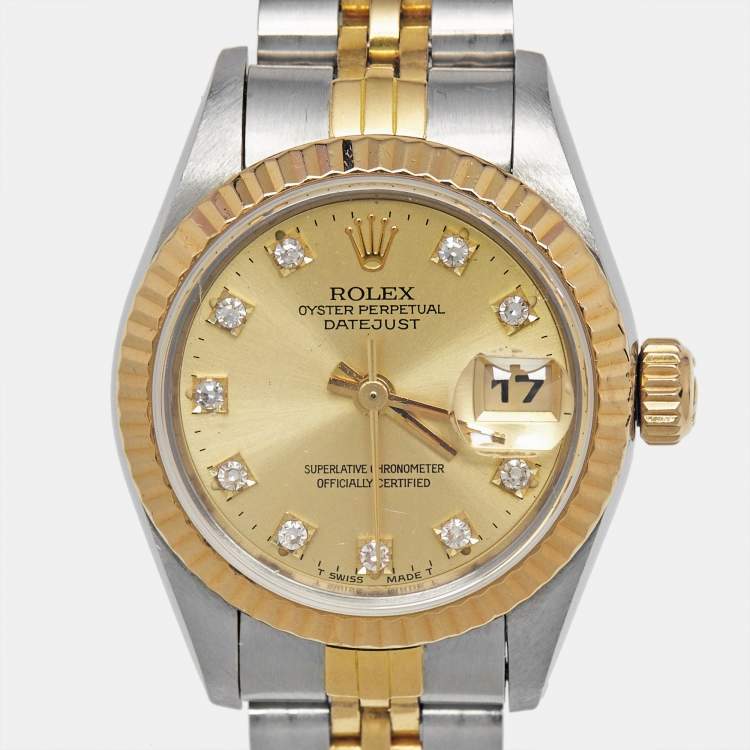 Pre Owned Rolex Champagne Diamond 18k Yellow Gold And Stainless Steel Datejust 69173 Automatic Women's Wristwatch 26 mm