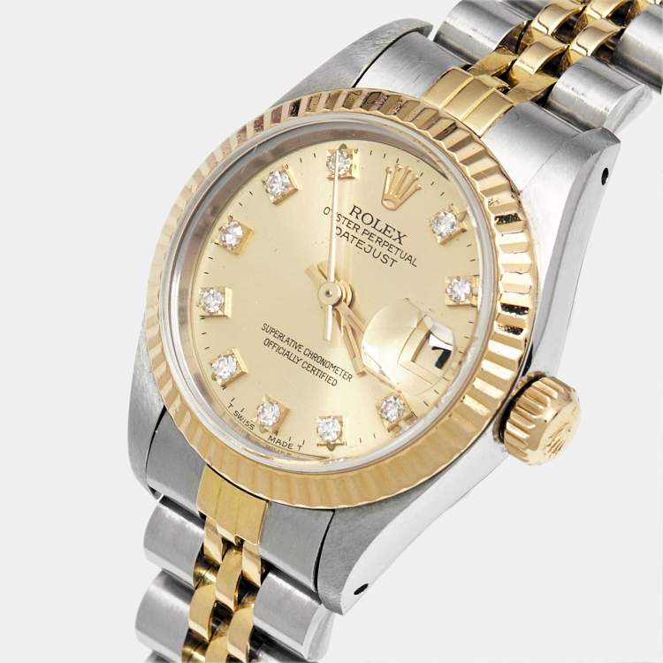 Pre Owned Rolex Champagne Diamond 18k Yellow Gold And Stainless Steel Datejust 69173 Automatic Women's Wristwatch 26 mm